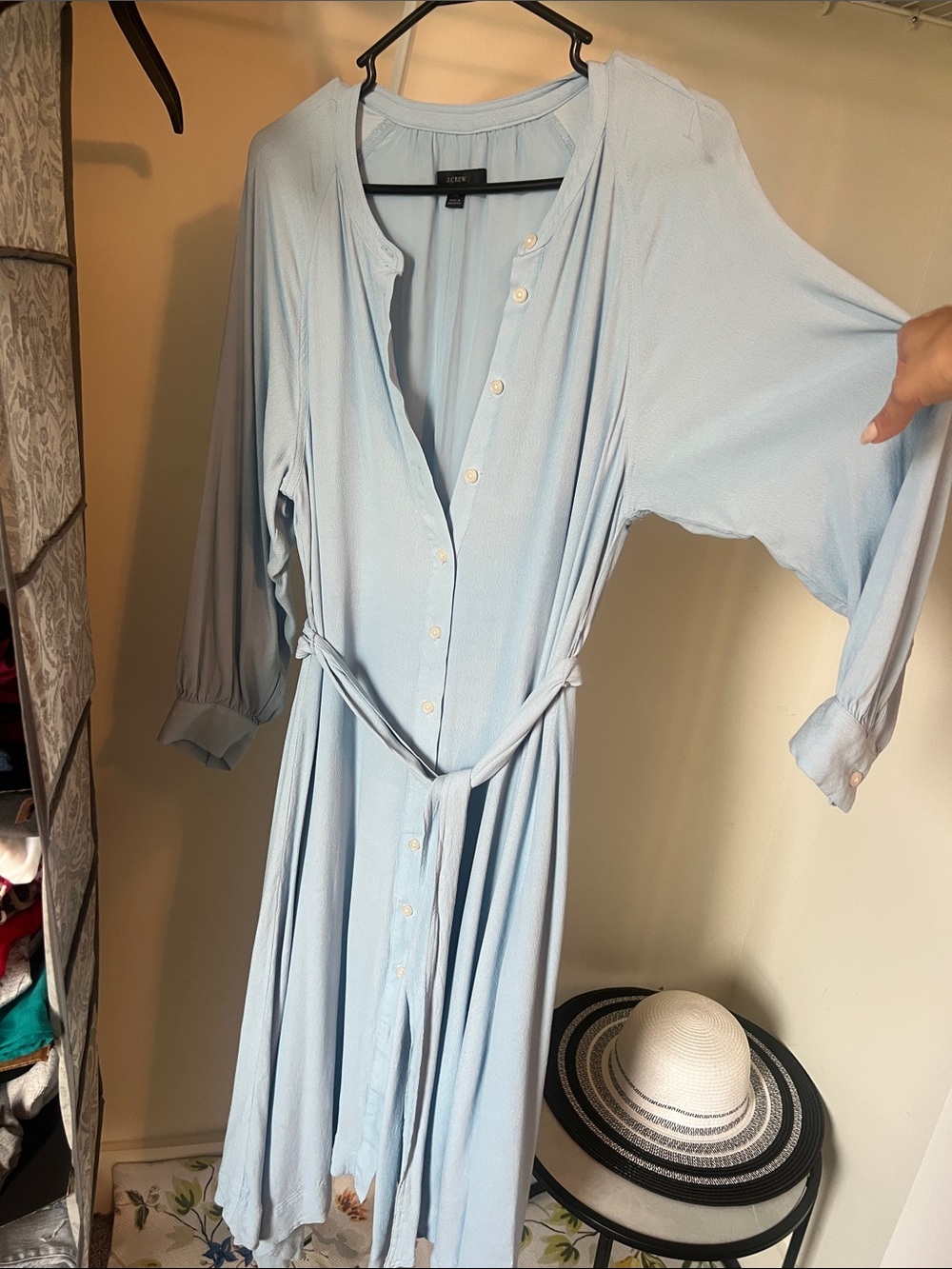 J. Crew Pale Blue Long-Sleeve Button-Front Midi Dress with Tie Waist